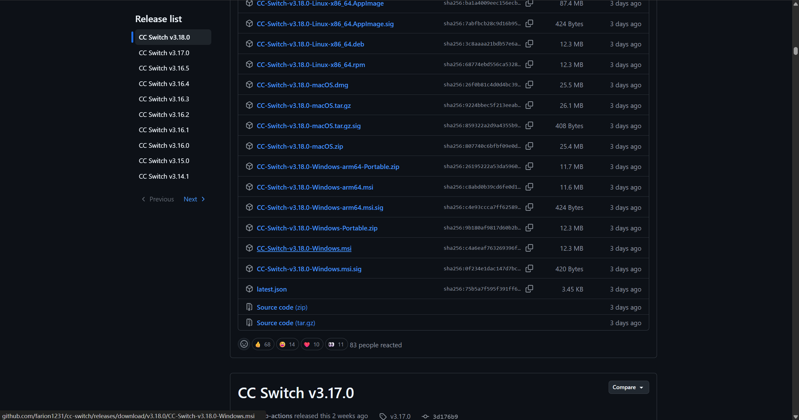 CC Switch Releases 下载页面