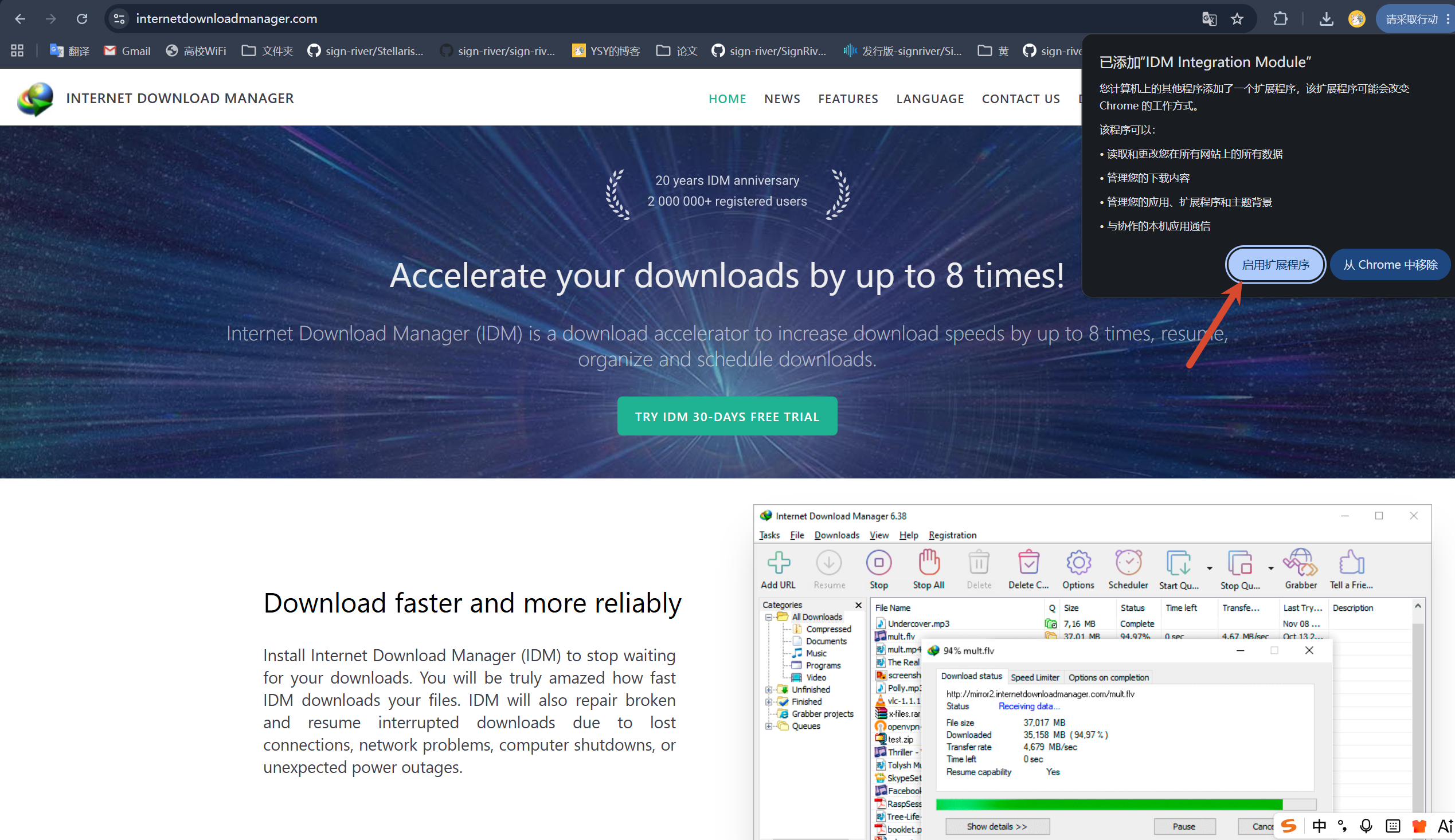 Chrome 浏览器扩展程序启用界面,显示 IDM Integration Module 的激活按钮