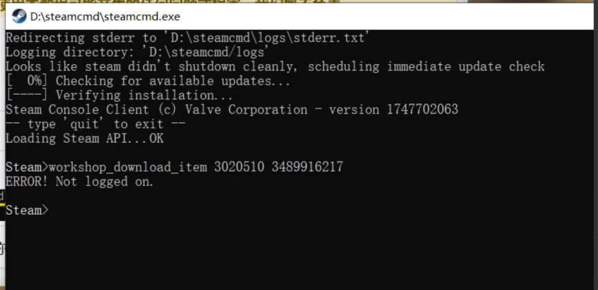 下载时报错“ERROR! Not logged on.”相关报错截图 1
